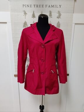 Jessica Red Hooded Trench Coat Jacket | Size M (10-12) Mid-Length Spring Parka